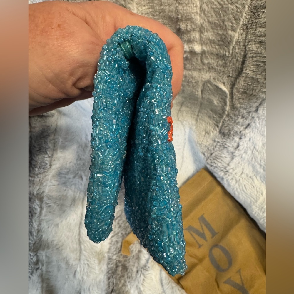 Moyna - Turquoise Blue Orange/Coral Reef Beaded Fold Over Clutch w/Dust Bag EUC - Picture 10 of 10